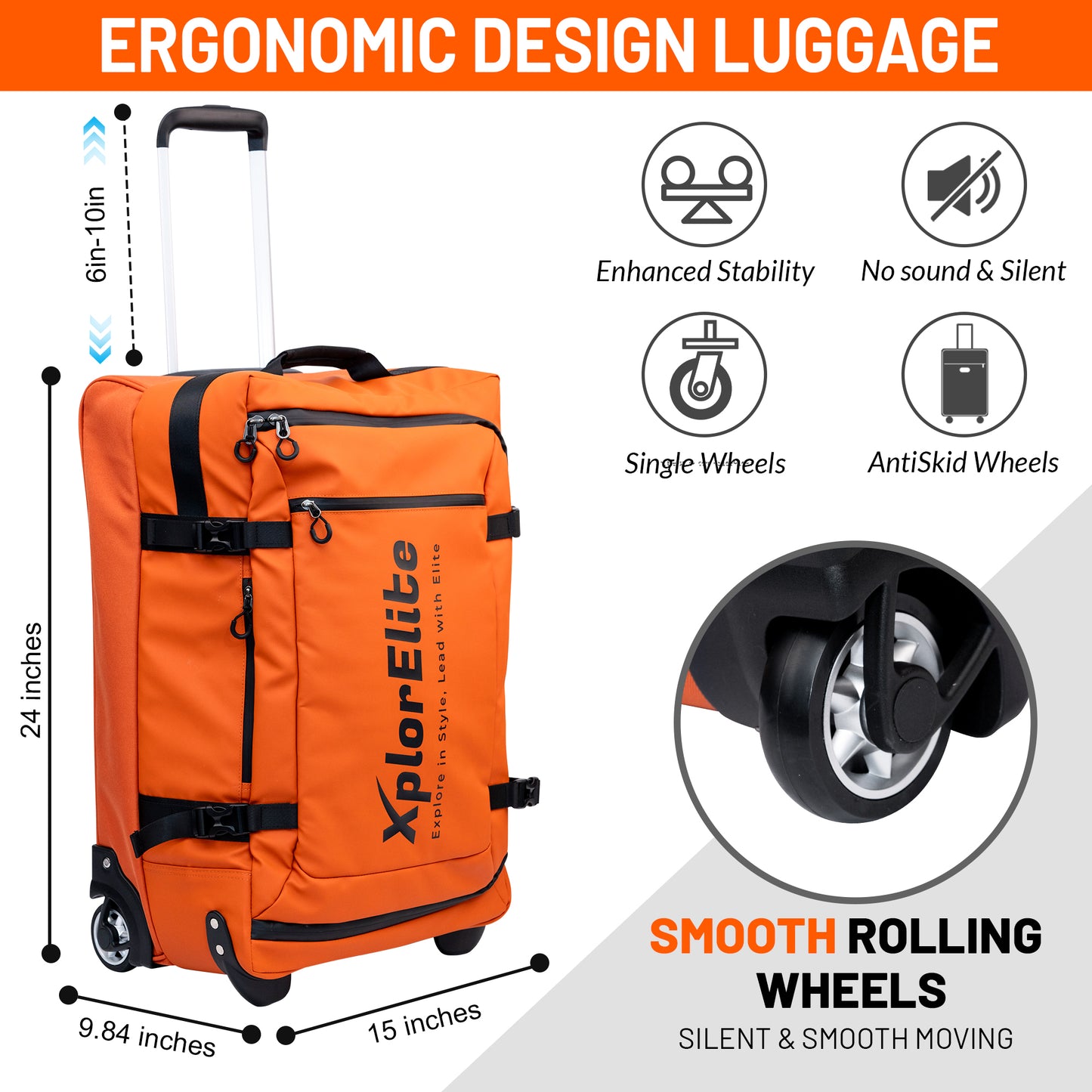 XplorElite 24-Inch Orange Rolling Duffel Bag with PU Water Resistant Fabric And Waterproof Zippers.