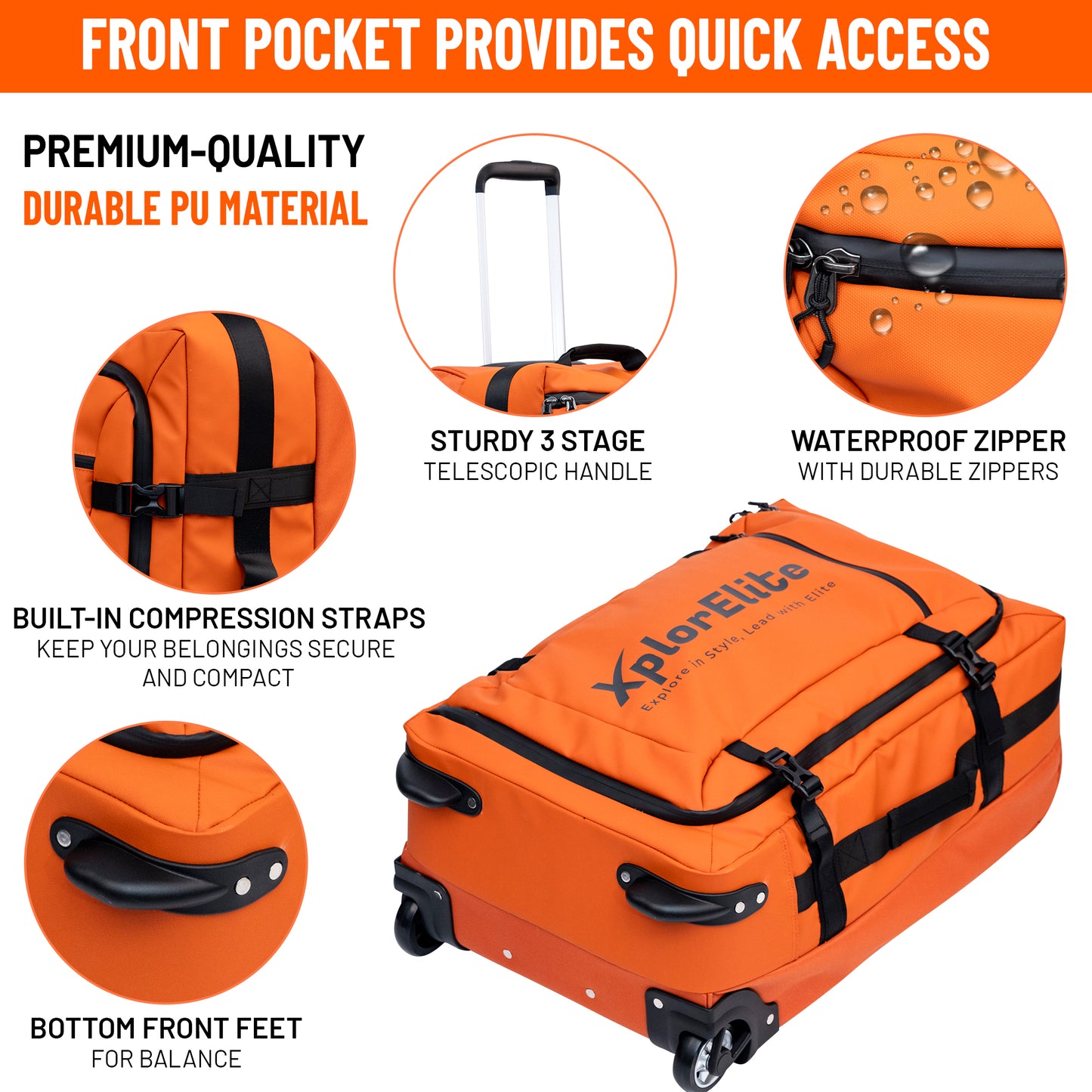 XplorElite 24-Inch Orange Rolling Duffel Bag with PU Water Resistant Fabric And Waterproof Zippers.