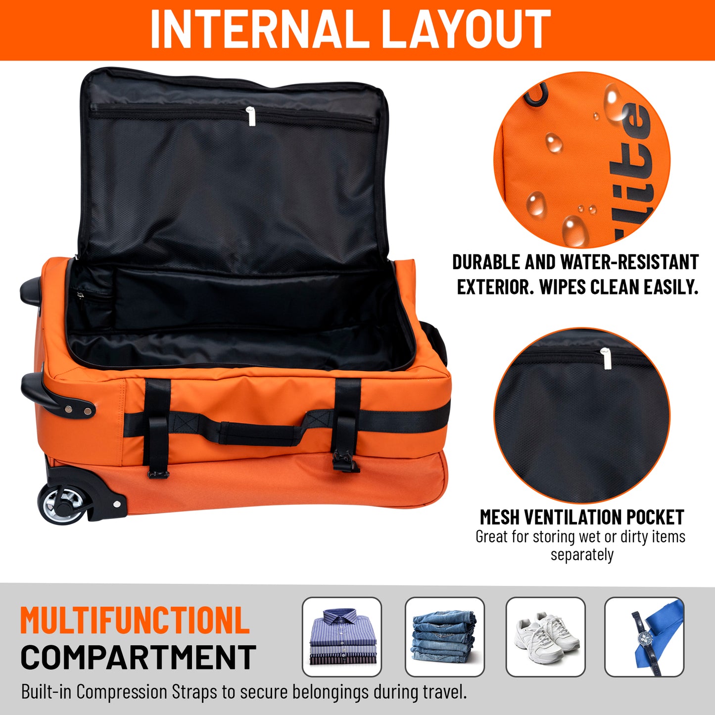 XplorElite 24-Inch Orange Rolling Duffel Bag with PU Water Resistant Fabric And Waterproof Zippers.